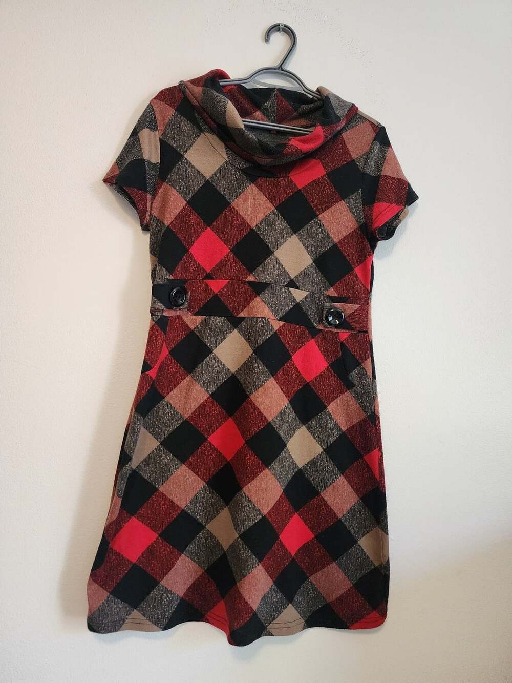 San Francisco Plaid Cowl Neck Dress Size L Red Black Check Mini
